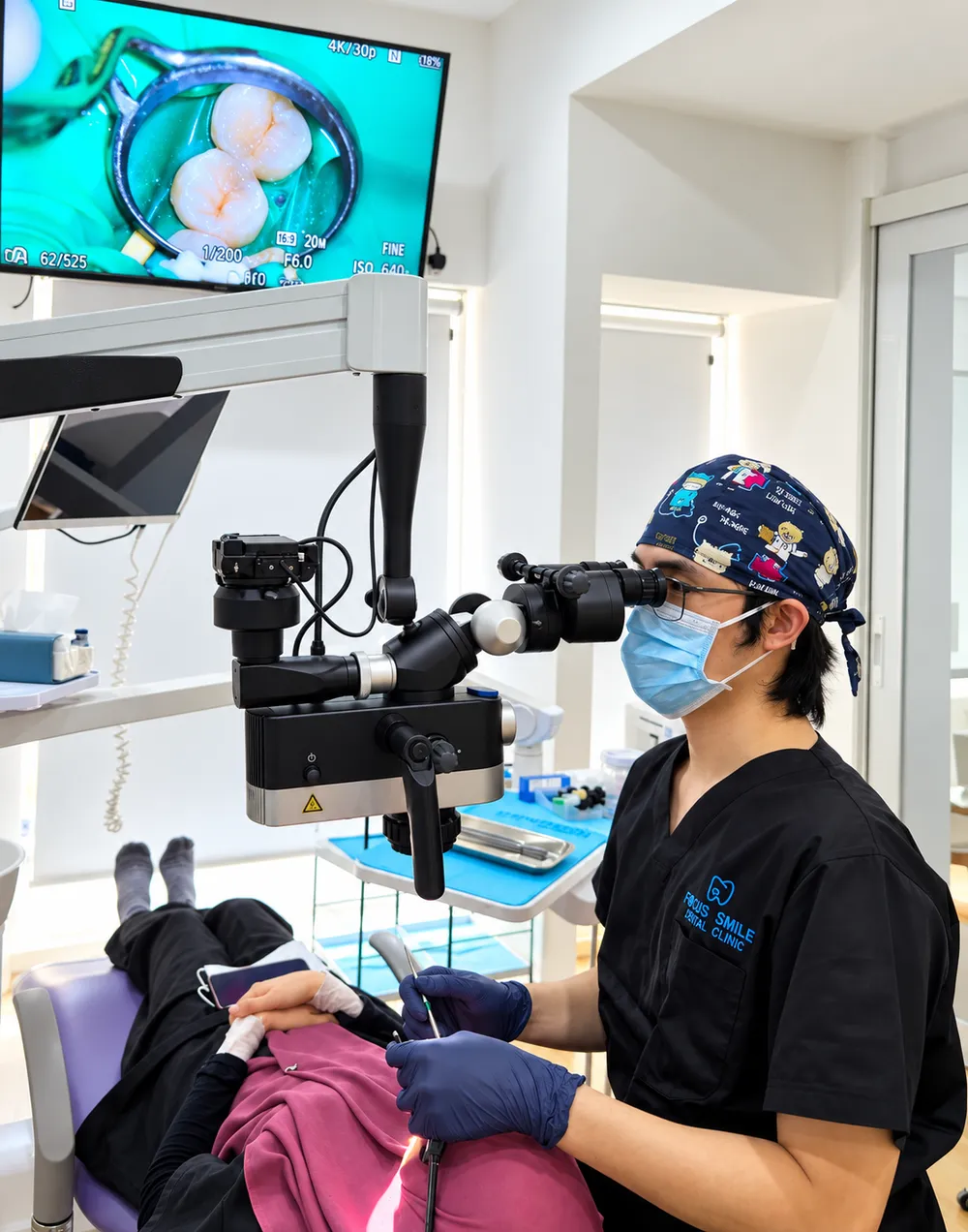 A Focus Smile Dental dentist treating a patient under a dental microscope, with the magnified view on screen