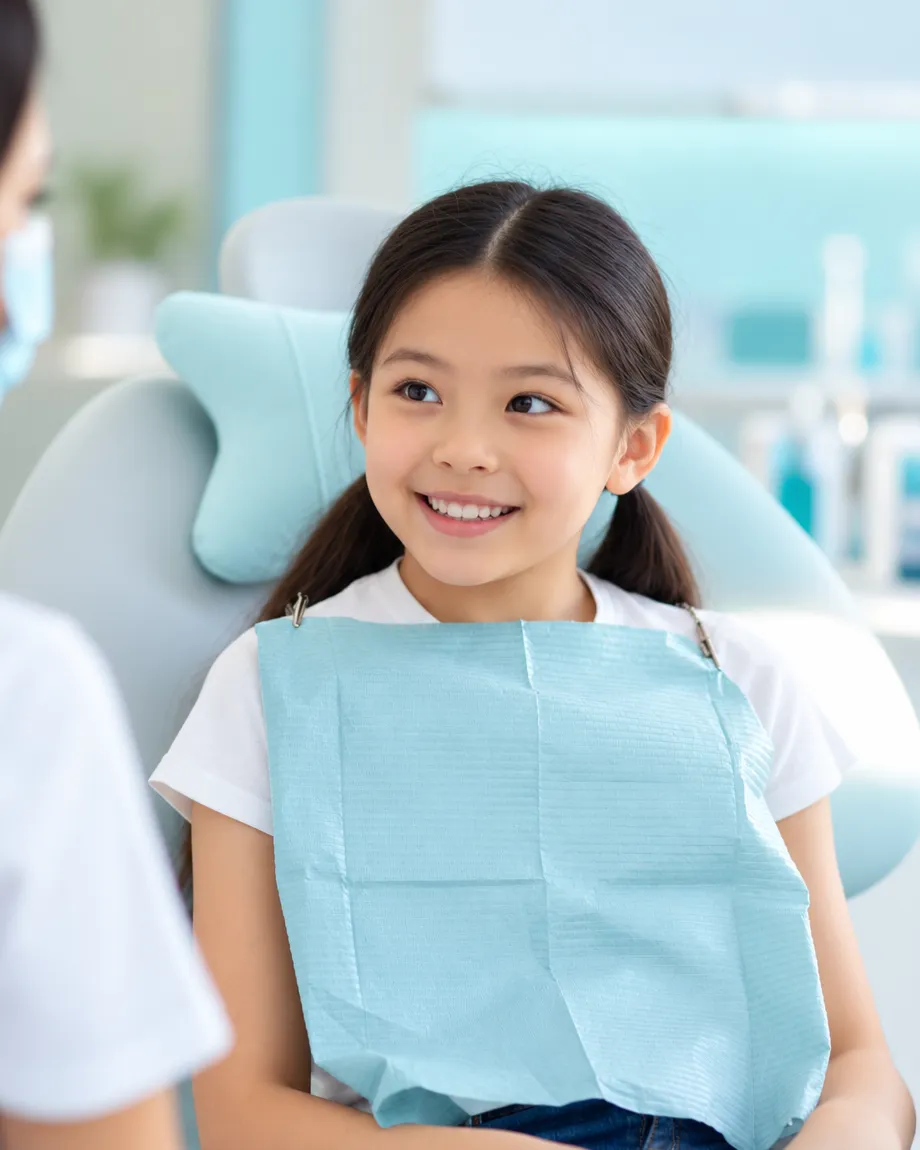 A smiling girl sitting in the dental chair, ready for her check-up