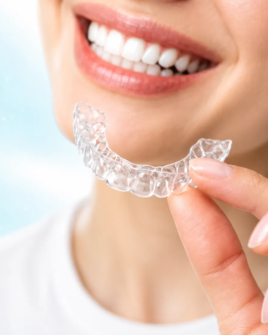 A woman holding a clear aligner tray in front of her smile