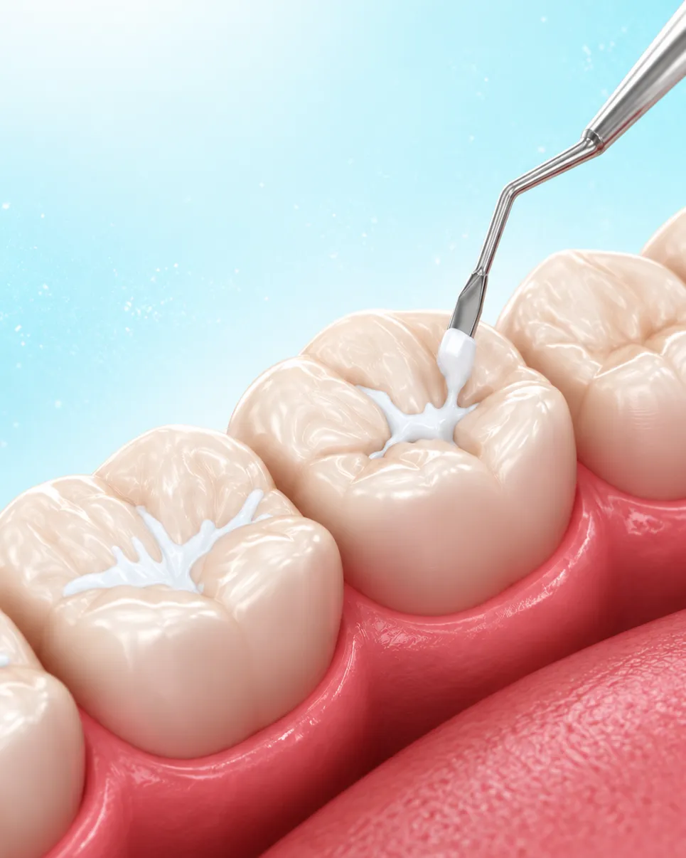 Illustration of a tooth-coloured filling being placed into the grooves of a back tooth