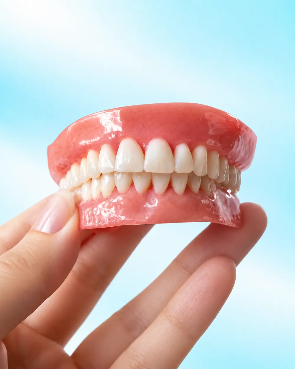 A hand holding a full set of upper and lower dentures