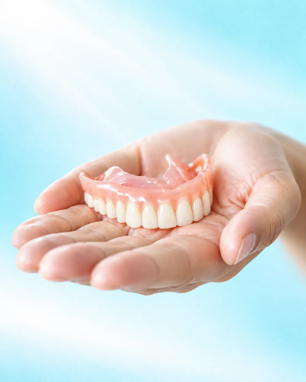 A partial denture resting in the palm of a hand