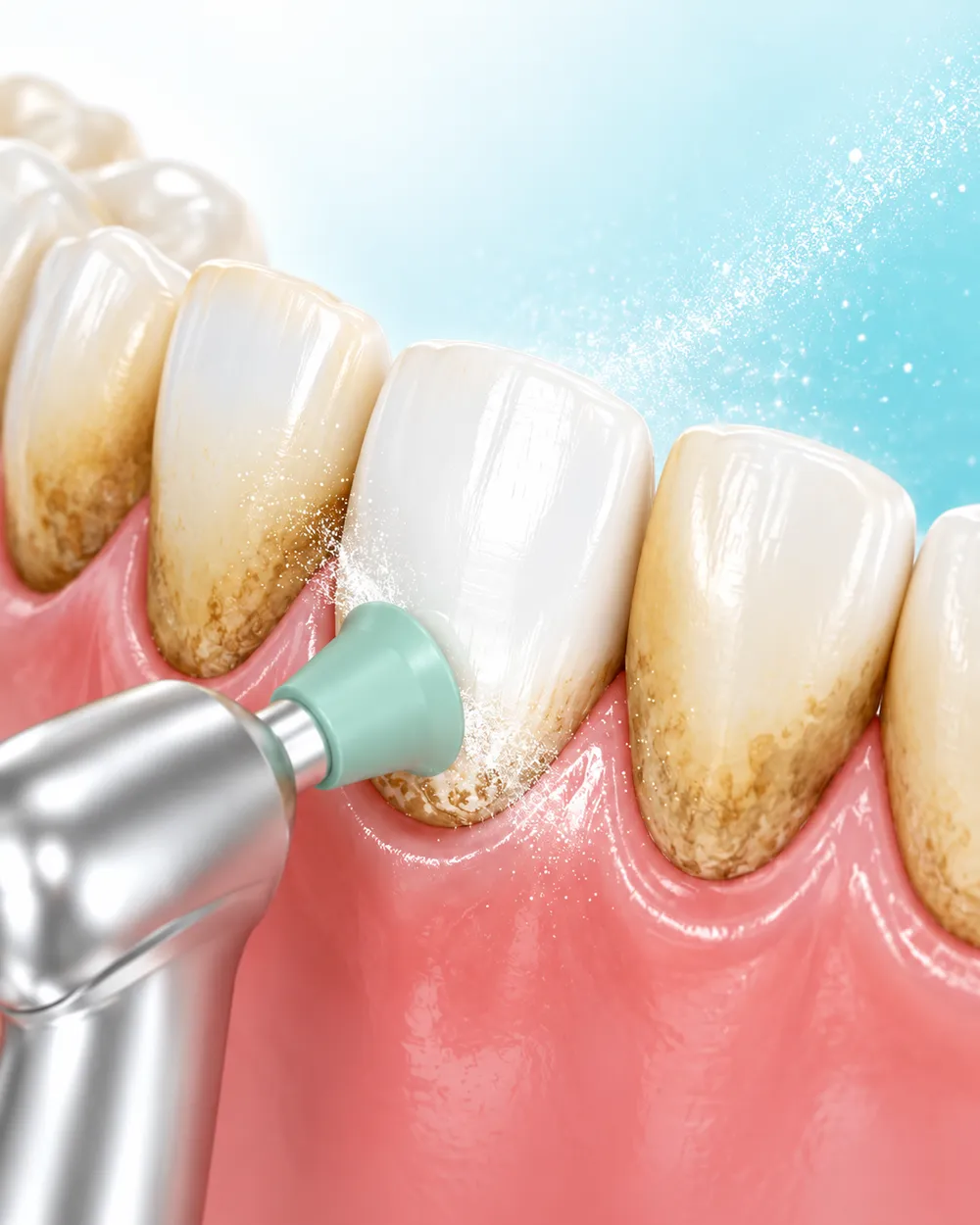 Illustration of teeth being polished clean, with tartar build-up along the gumline