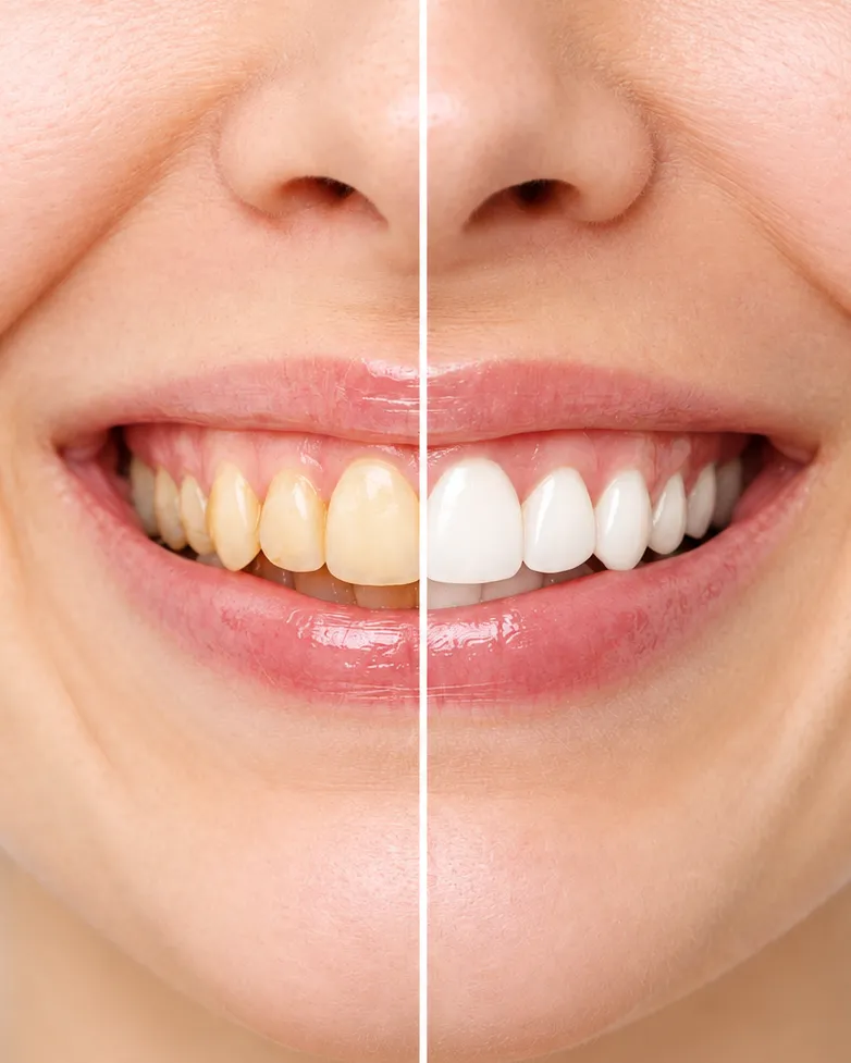 A smile shown half before and half after teeth whitening