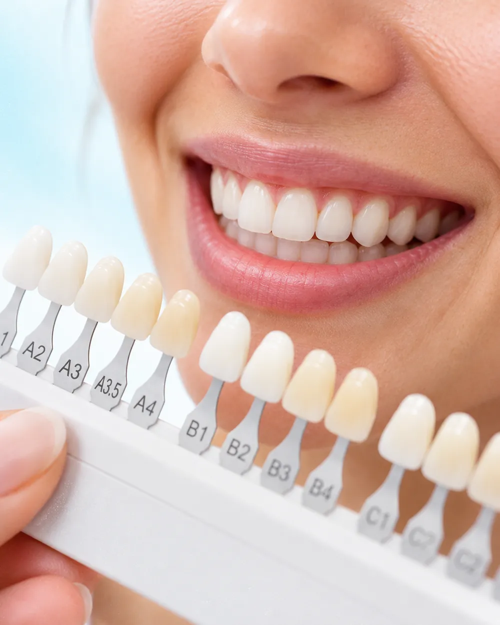 A shade guide held beside a smile to compare tooth colour