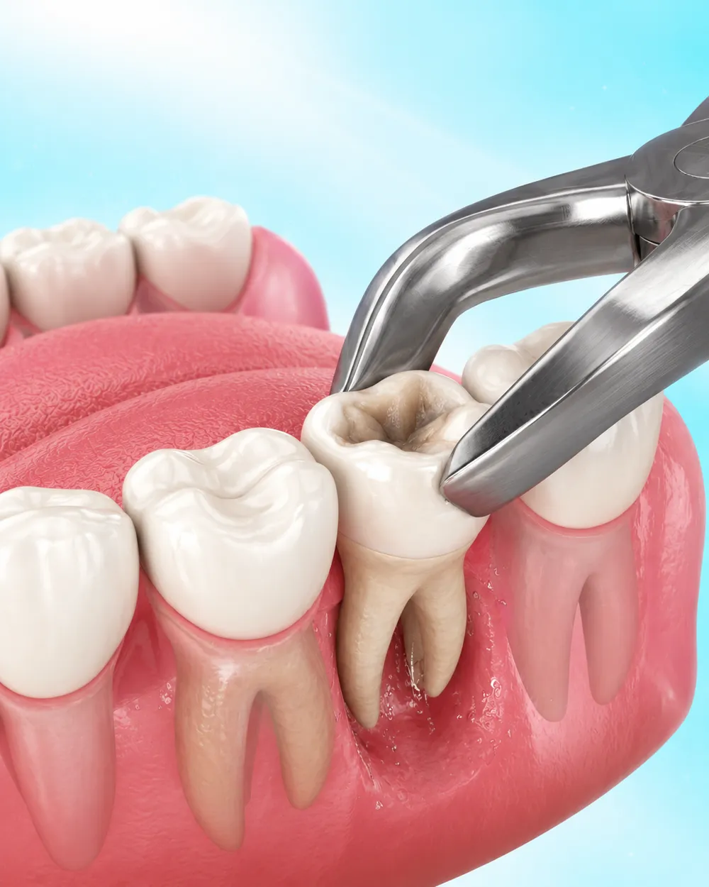 Illustration of forceps gently removing a damaged back tooth