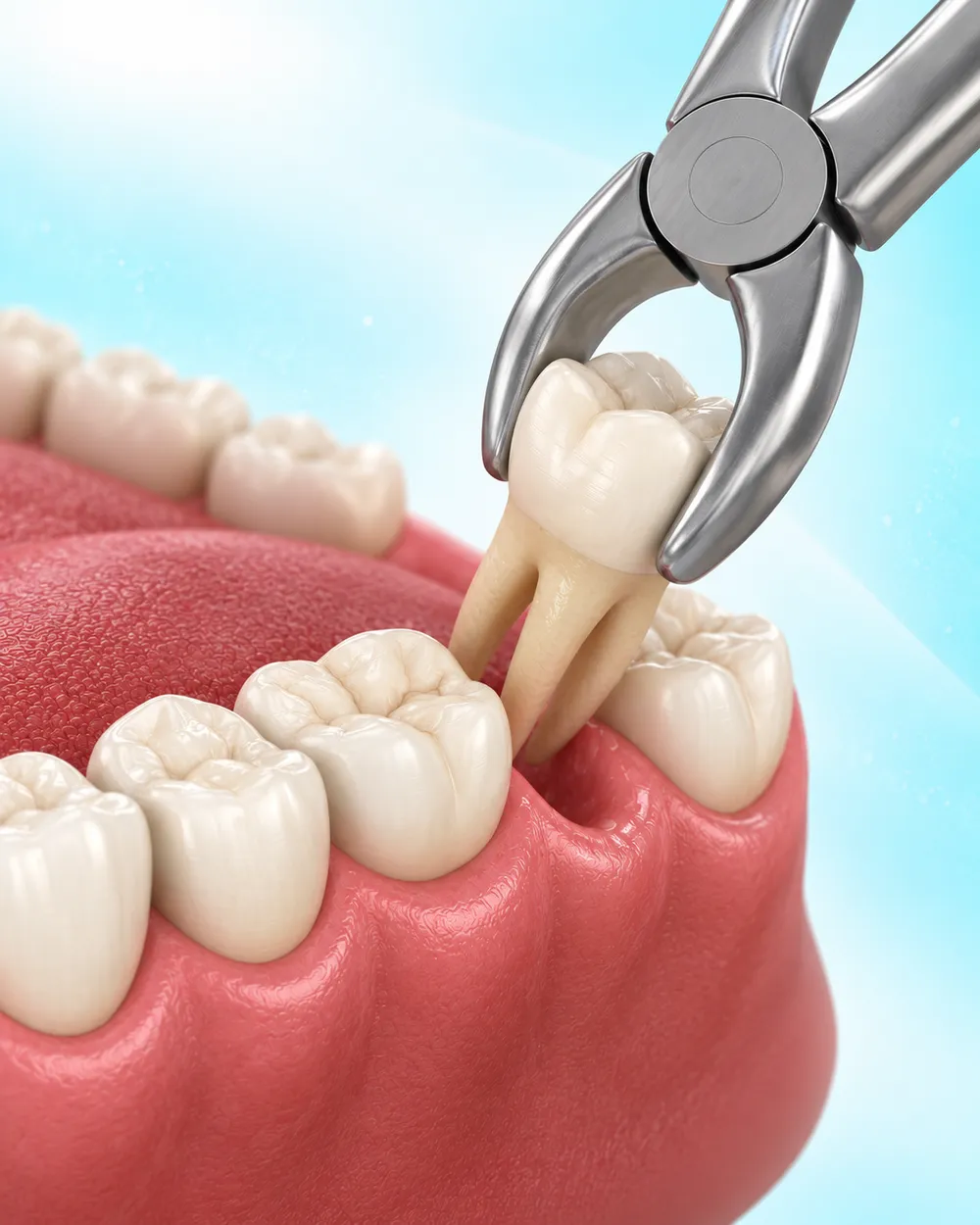 Illustration of a back tooth being lifted out with forceps