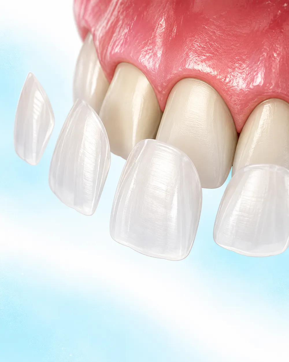 Illustration of thin veneers being placed over the front teeth