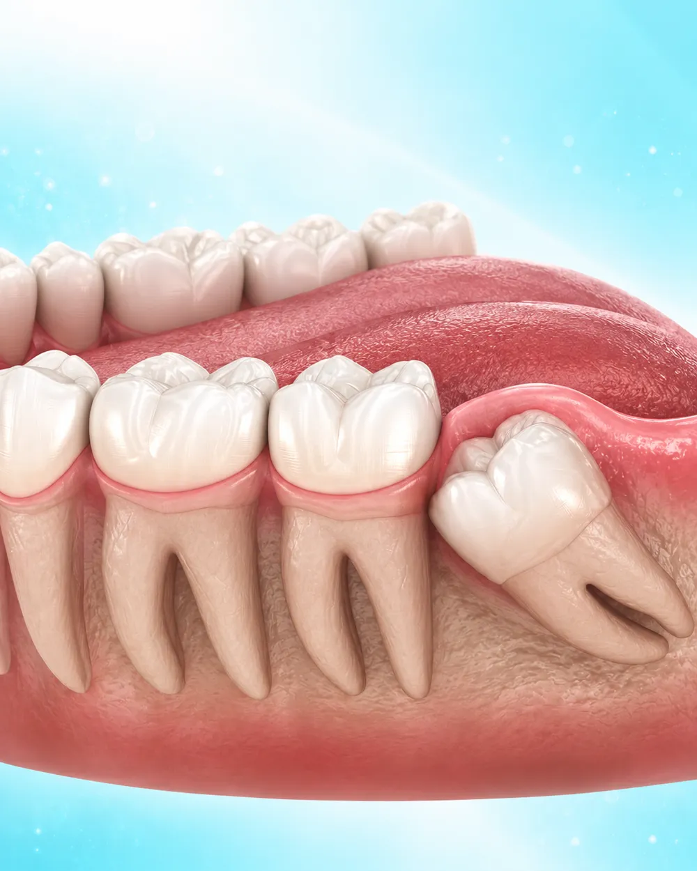 Cutaway illustration of an impacted wisdom tooth growing at an angle